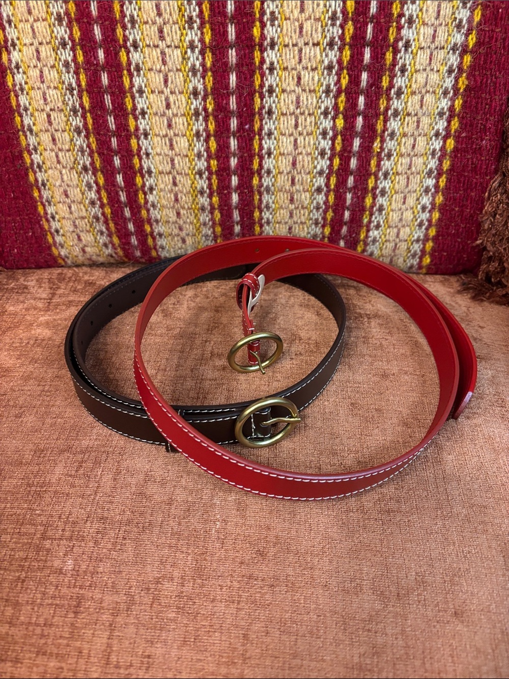 2 belts: 1 Red and 1 Brown Leather Belt with Gold Buckle